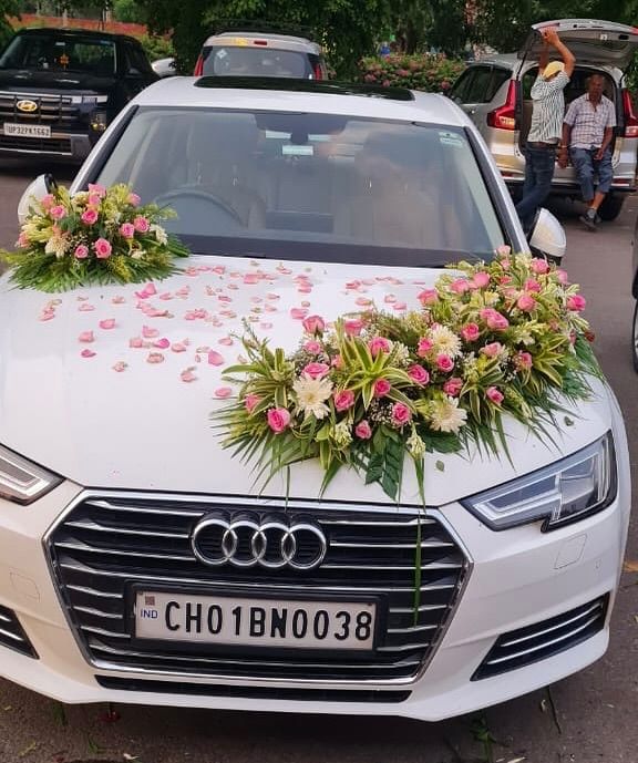 Wedding Car Decoration — White Tulle & Floral | Salmora Events Chennai
